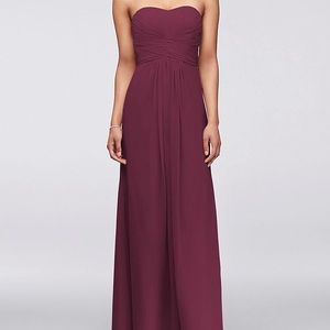 LONG STRAPLESS CHIFFON DRESS AND PLEATED BODICE